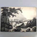 Antique Black & White Watercolour Unsigned Unknown Artist Figures Bridge River