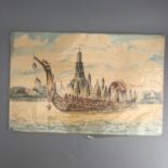 Vintage Interesting Pen & Watercolour Painting Chinese Dragon Boat Signed PRAGOB