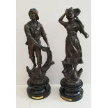 Antique 2 x Spelter Figures Pecheuse & Pecheur Fishing Figures