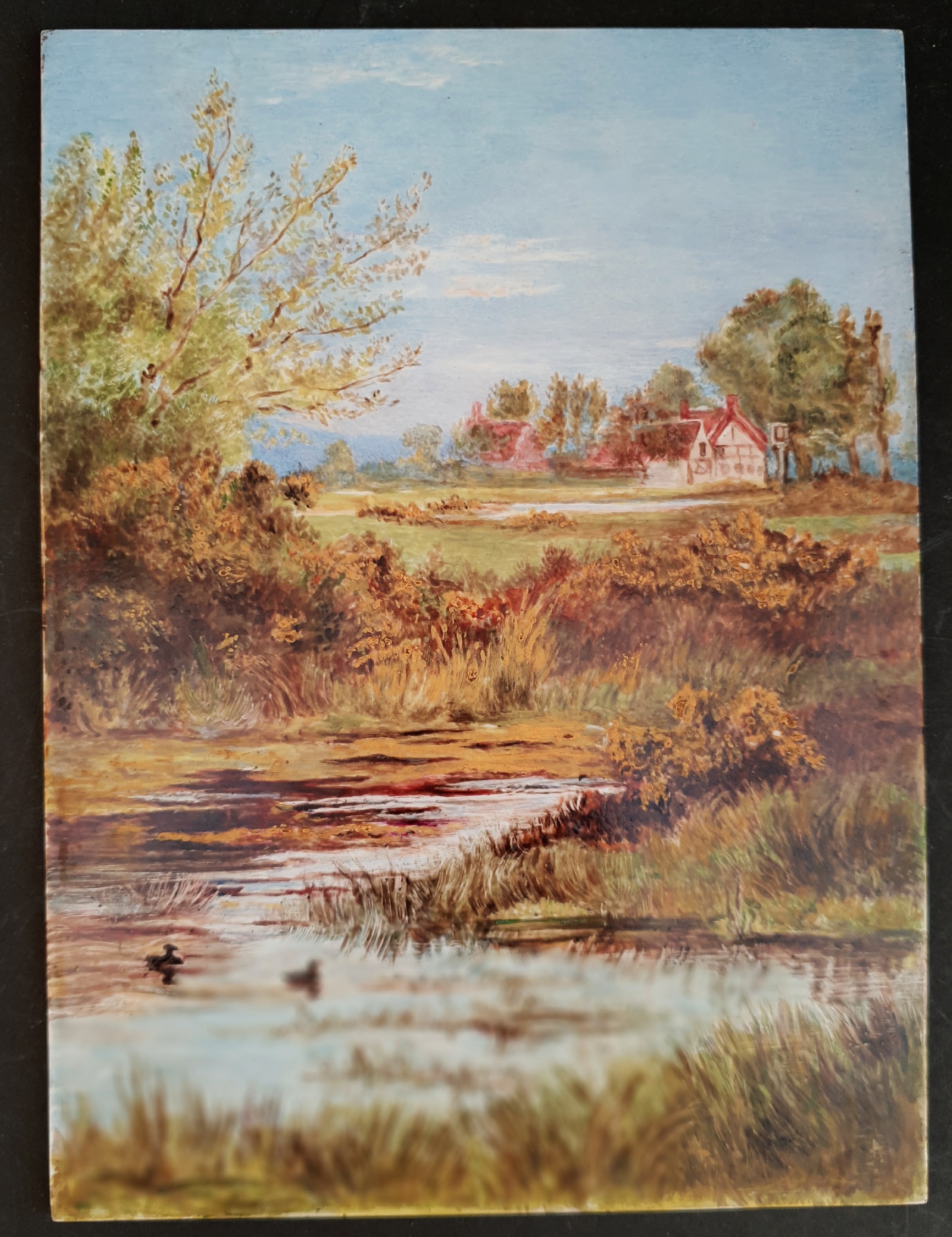 Antique Art Hand Painted Oil on Ceramic Plaque Country Scene Possibly Bristol Early 1800's