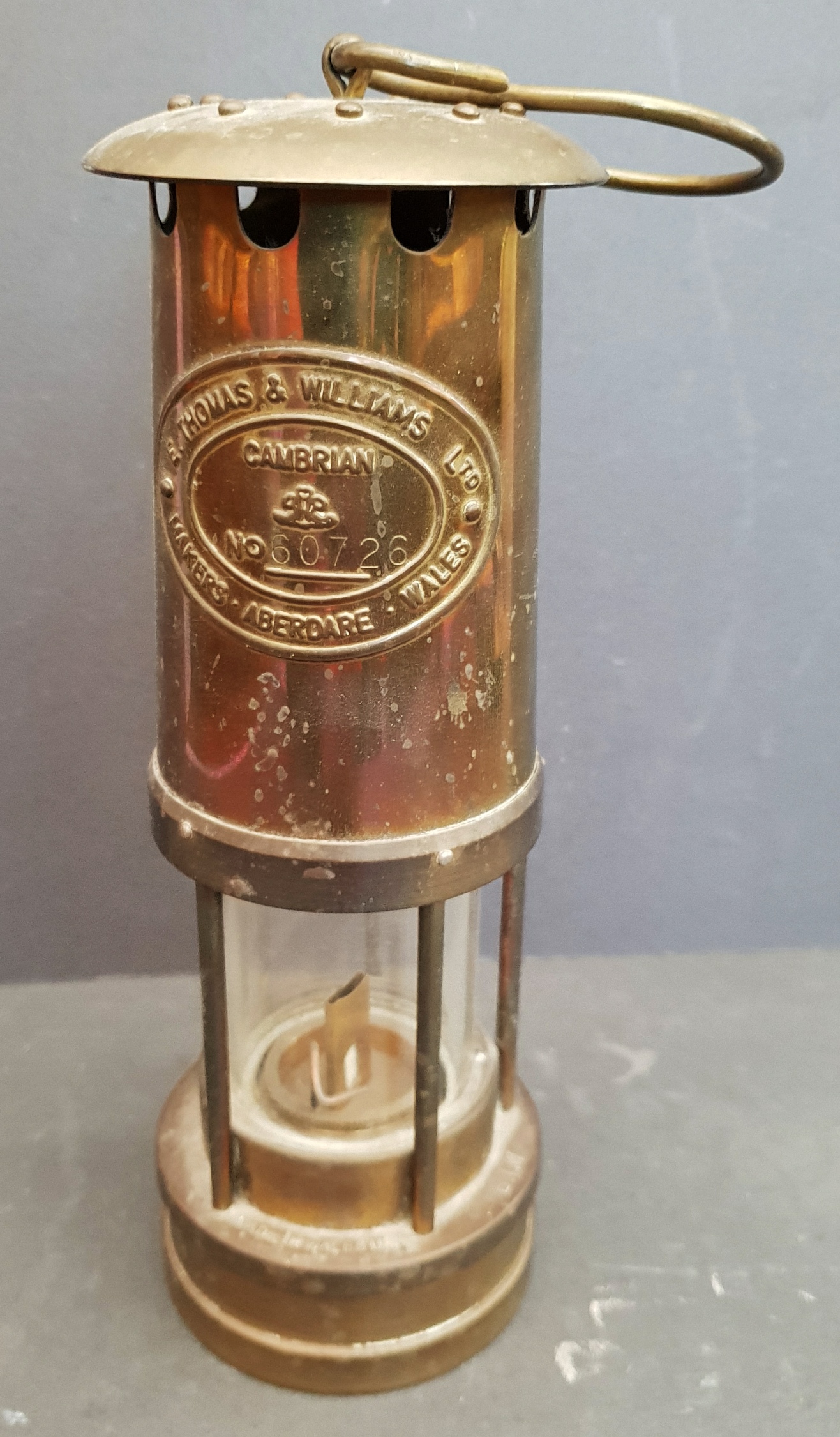 Vintage Brass Cambrian Miners Safety Lamp No. 60726 E Thomas & Williams Aberdare Wales