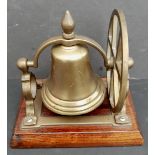 Antique Vintage Brass Desk Bell on Wooden Plinth