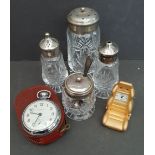 Vintage Ingersoll Pocket Watch (working) Desk Clock In Shap of a Car Seat & Cut Glass Cruet Set