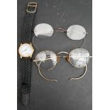 Vintage 18ct Gold Wrist Watch Swiss Made Plus 2 x Wire rimmed Spectacles