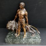 Antique Vintage Bronze Sculpture On Marble Base Male Warrior & Lion c1900's