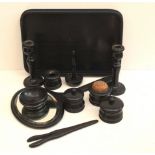 Antique Ebonised Dressing Table Set Includes Hand Mirror Candle Sticks Hat Pin Stand Tray &