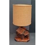 Vintage Retro Wooden Table Lamp Styled As A Log Cabin Water Mill