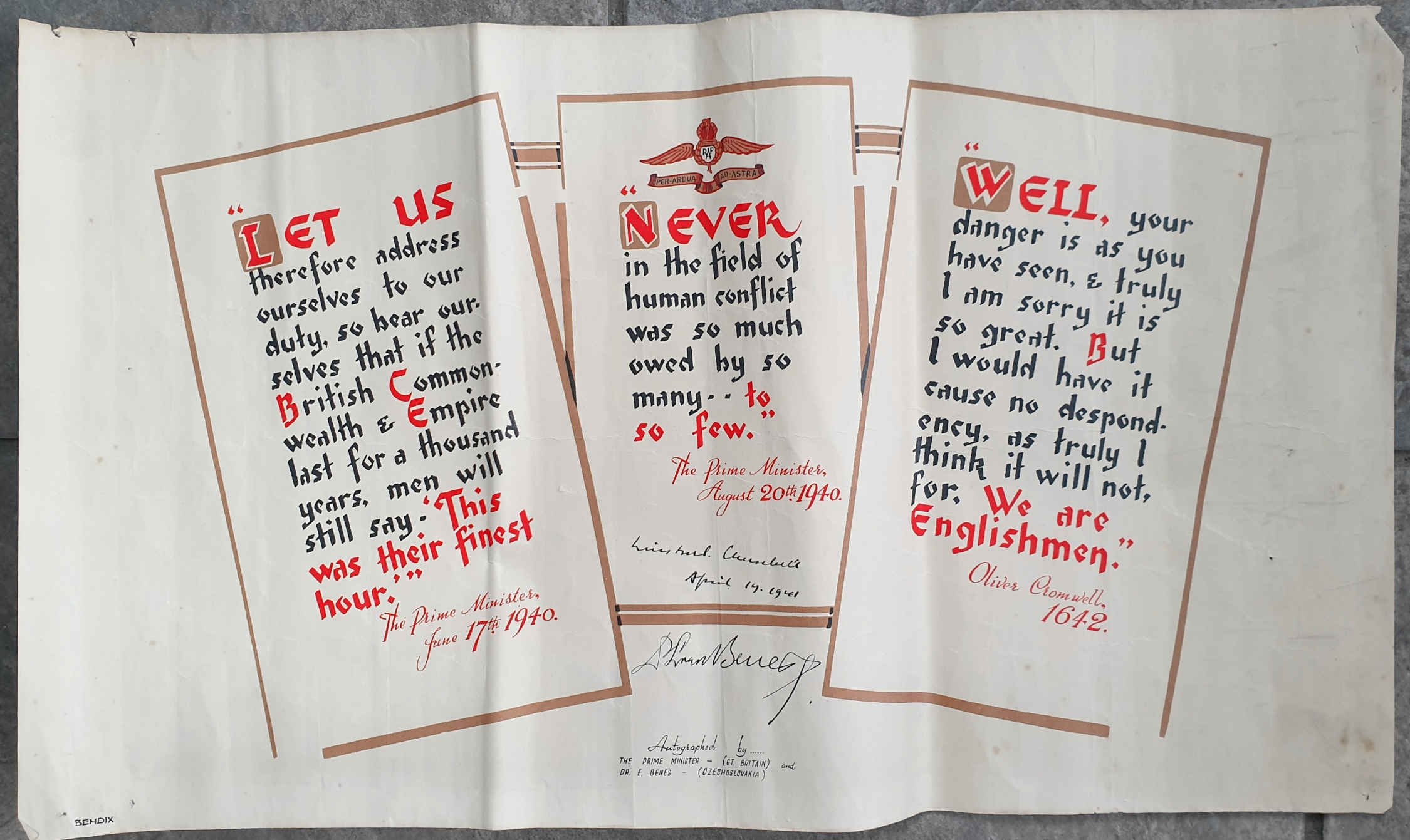 Antique Bendix Facsimilia Autographs Winston Churchill & Dr E. Beness Military WWII Memorabilia