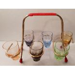 Vintage Retro Kitsch Set of 6 Harlequin Shot Glasses in Atomic Holder