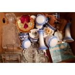 Vintage Retro Banana Box of Assorted Items Includes Blue & White Tea Cups Hats & Dog Related China