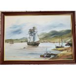 Vintage Oil Painting on Canvas Nautical Scene Signed H Barden