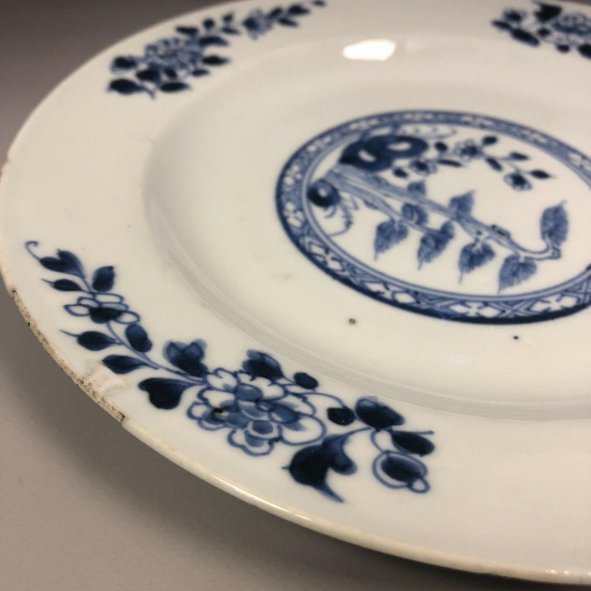 An 18th century Chinese blue and white plate with pine and flowers. No makers mark - Image 5 of 5