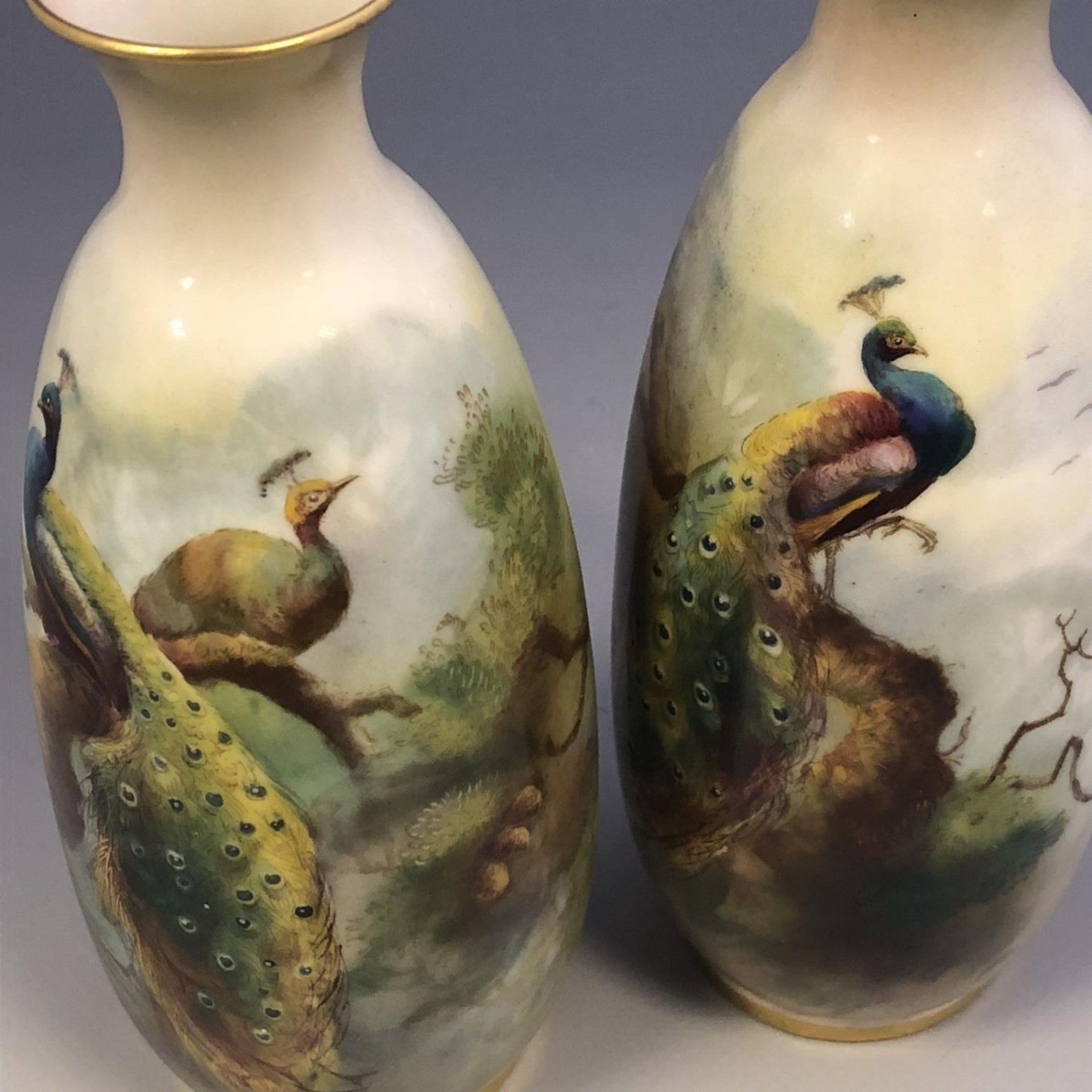 A Pair of Royal Worcester porcelain hand painted vases with peacocks c1911 - Image 8 of 8