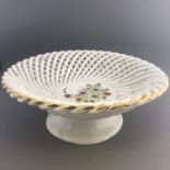 Antique pottery reticulated pedestal chestnut basket bowl handpainted flowers