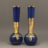 Pair Antique Victorian Cobalt Blue Vases Hand Painted Flowers and Gilding c 1890