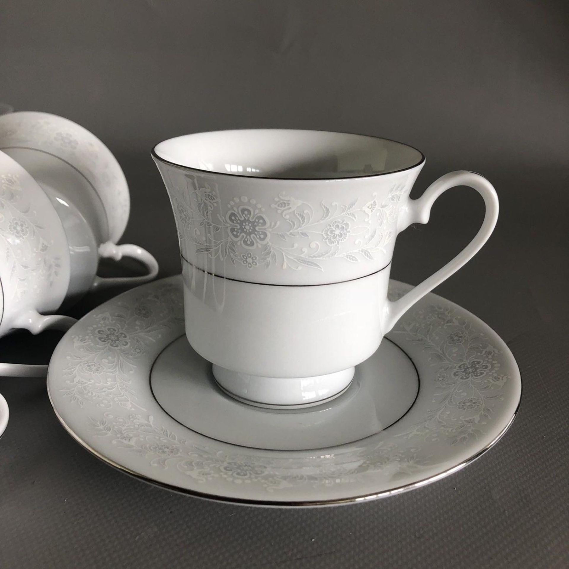 Beautiful Fine China Trios Set x 6 coffee tea cups saucers plates in WHITE/GREY - Image 4 of 7