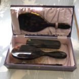 Vintage Faux Tortoise Shell Vanity Set Mirror Brushes Purple Case Grooming