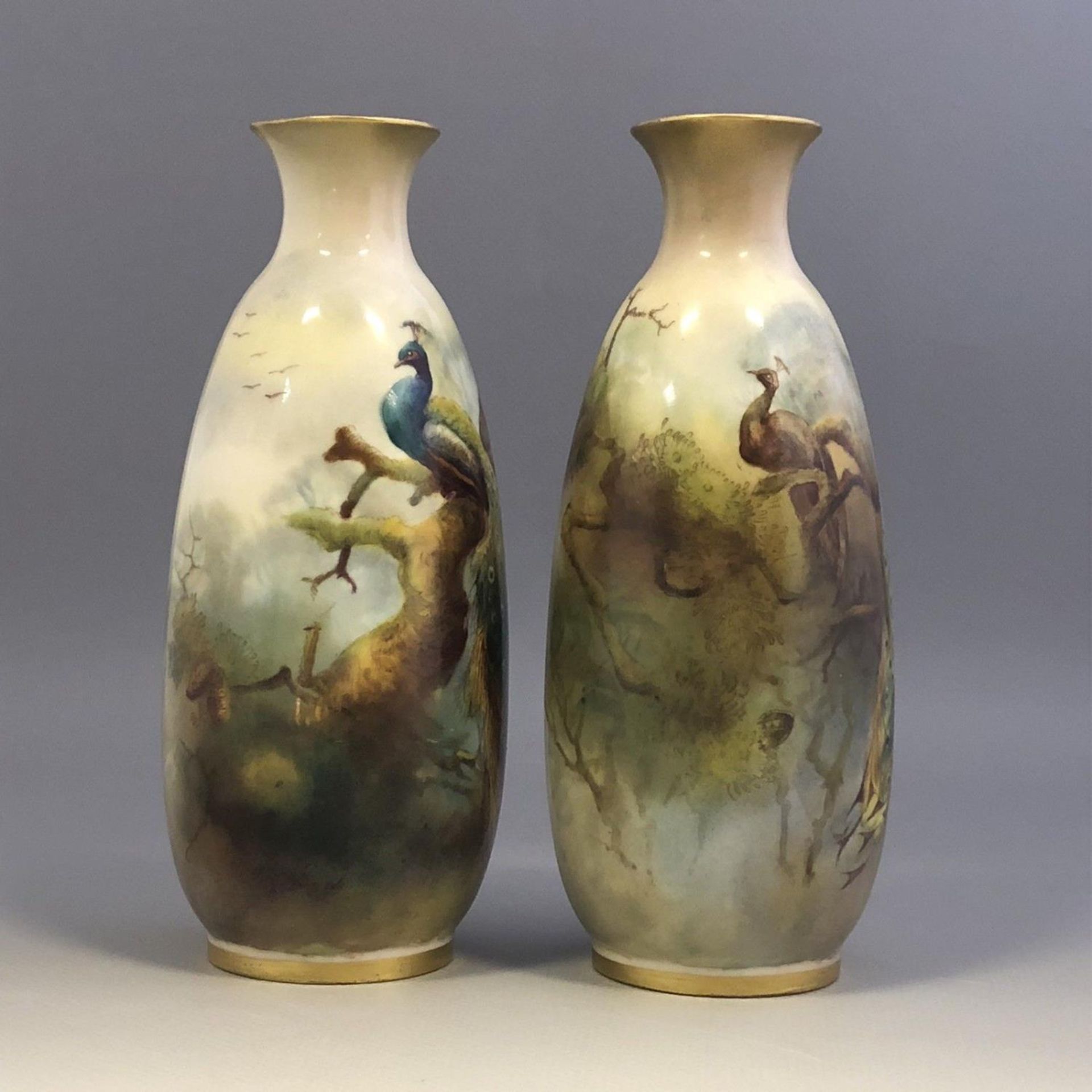 A Pair of Royal Worcester porcelain hand painted vases with peacocks c1911 - Image 2 of 8