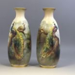 A Pair of Royal Worcester porcelain hand painted vases with peacocks c1911