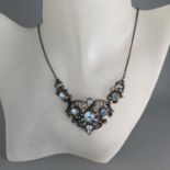 Vintage Silver Signed Coro Necklace - Pale Blue Crystals - Heart Shaped Centre