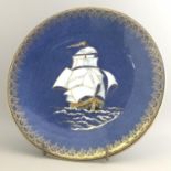 Antique Wedgwood Blue Lustre Cabinet Plate - Sailing Ship and Gilt Border c1900