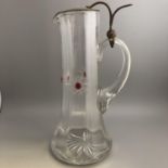 Cut glass claret jug with loop handle & brass hinge cover - Star cut base - Red Decoration