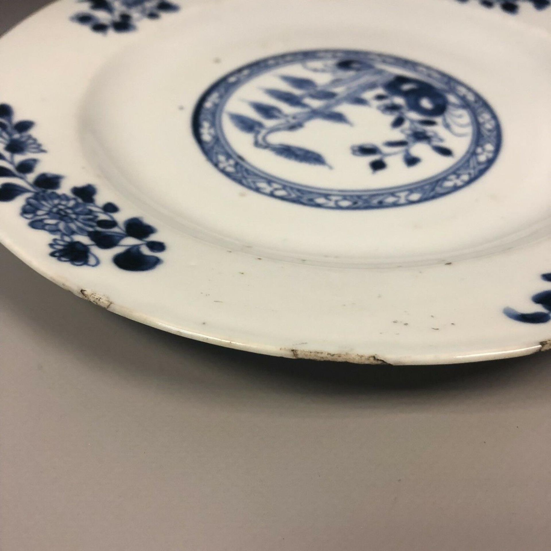 An 18th century Chinese blue and white plate with pine and flowers. No makers mark - Image 4 of 5