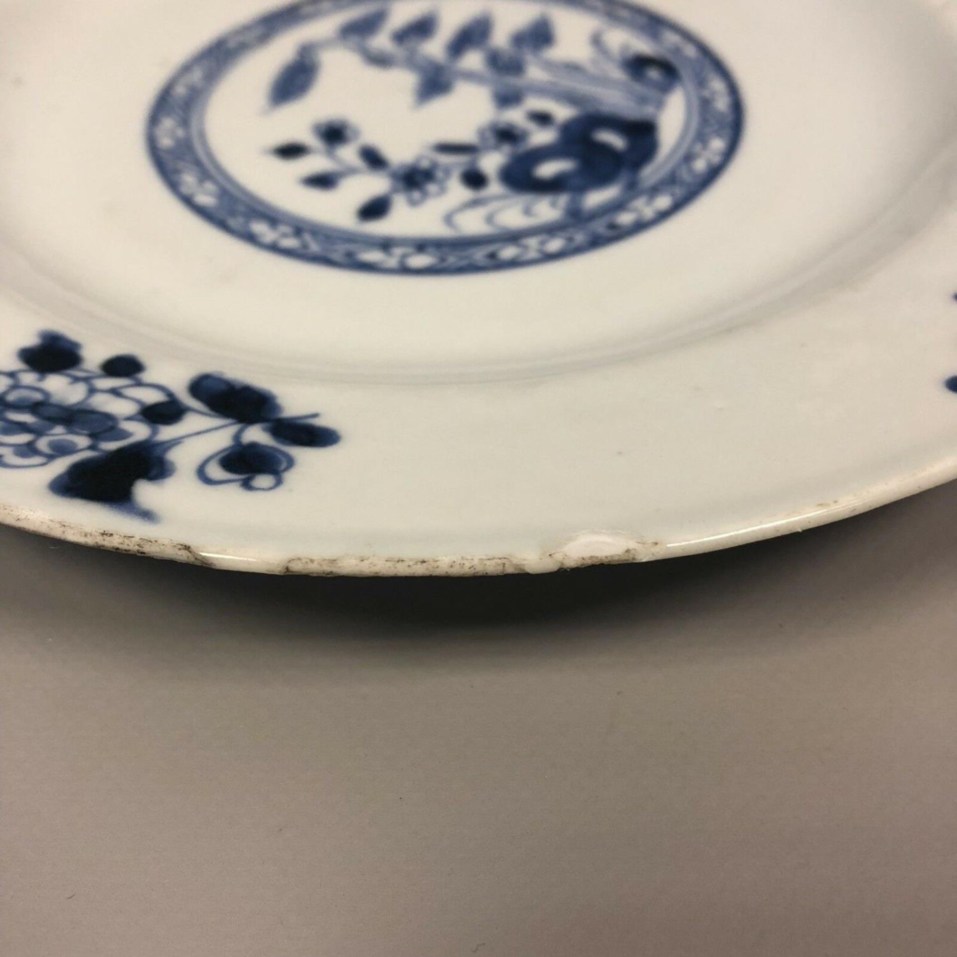 An 18th century Chinese blue and white plate with pine and flowers. No makers mark - Image 3 of 5