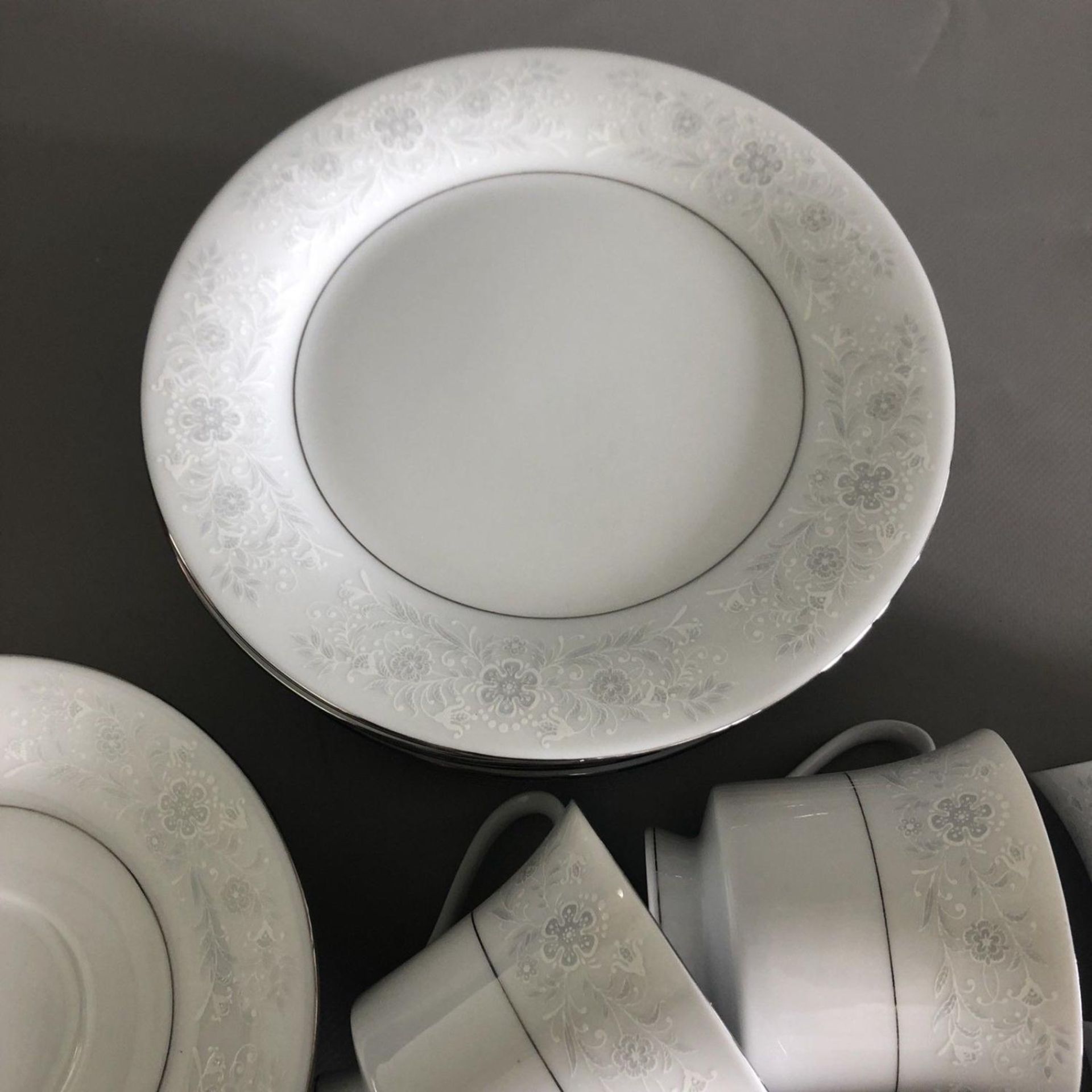 Beautiful Fine China Trios Set x 6 coffee tea cups saucers plates in WHITE/GREY - Image 5 of 7