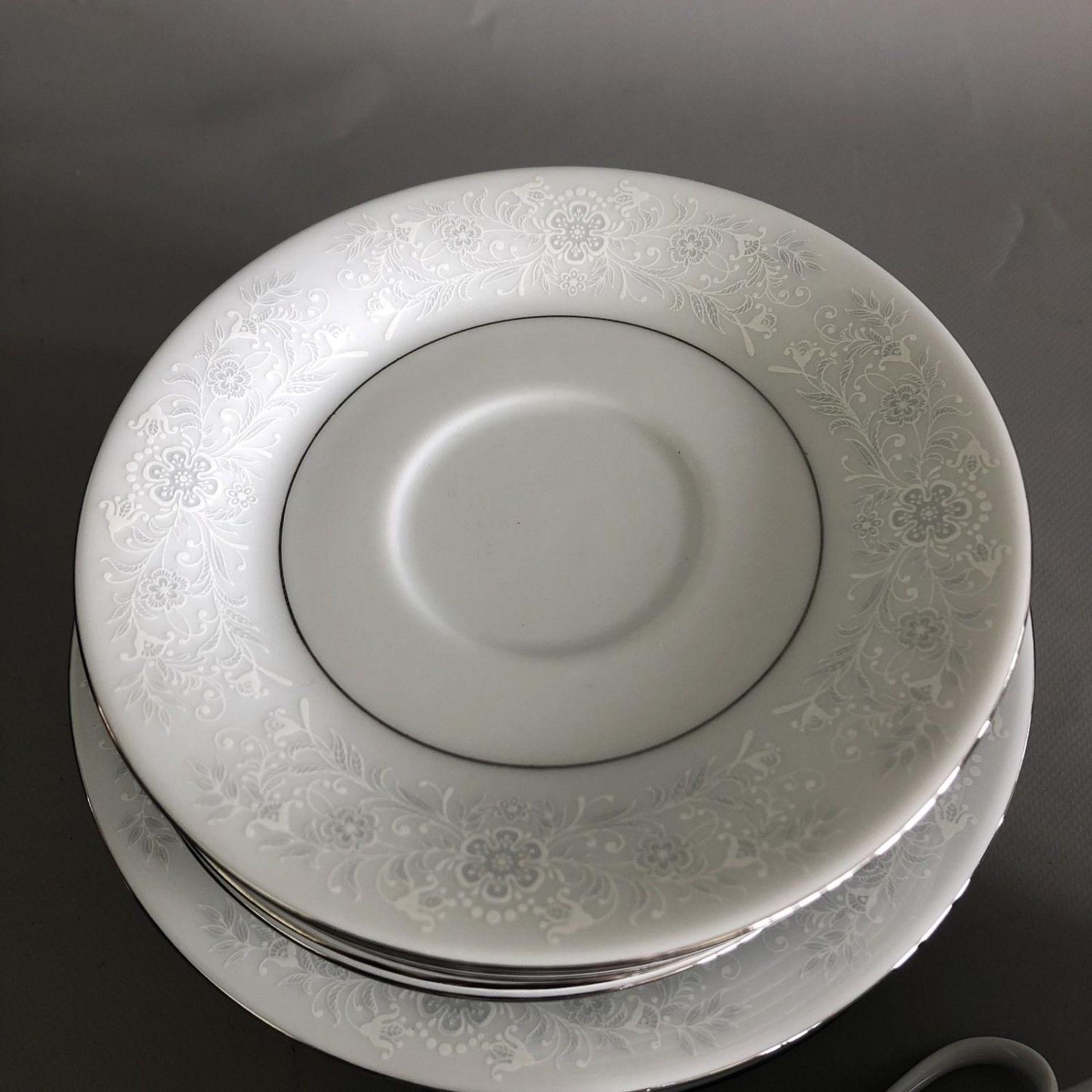 Beautiful Fine China Trios Set x 6 coffee tea cups saucers plates in WHITE/GREY - Image 3 of 7