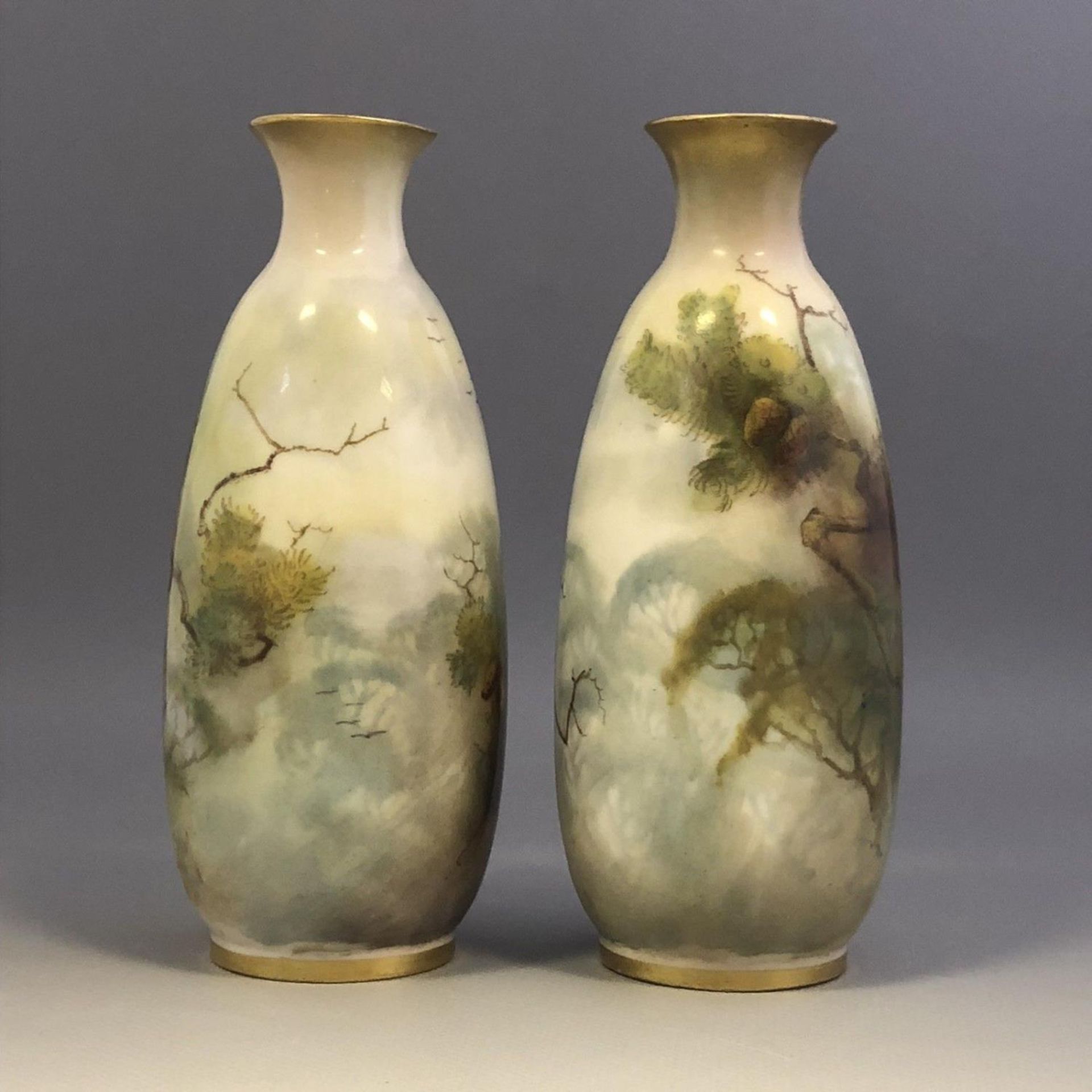 A Pair of Royal Worcester porcelain hand painted vases with peacocks c1911 - Image 3 of 8