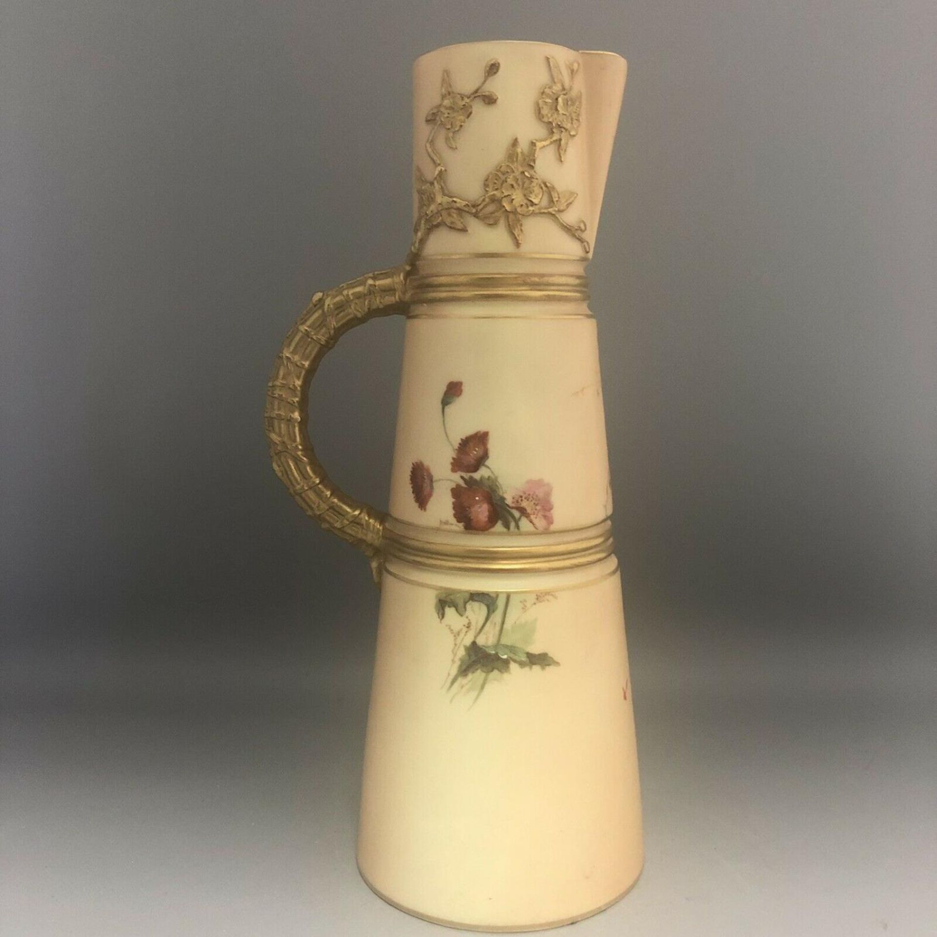 c1901, A Royal Worcester Tall Porcelain Ewer Hand Painted with Snail and Flowers - Image 4 of 8