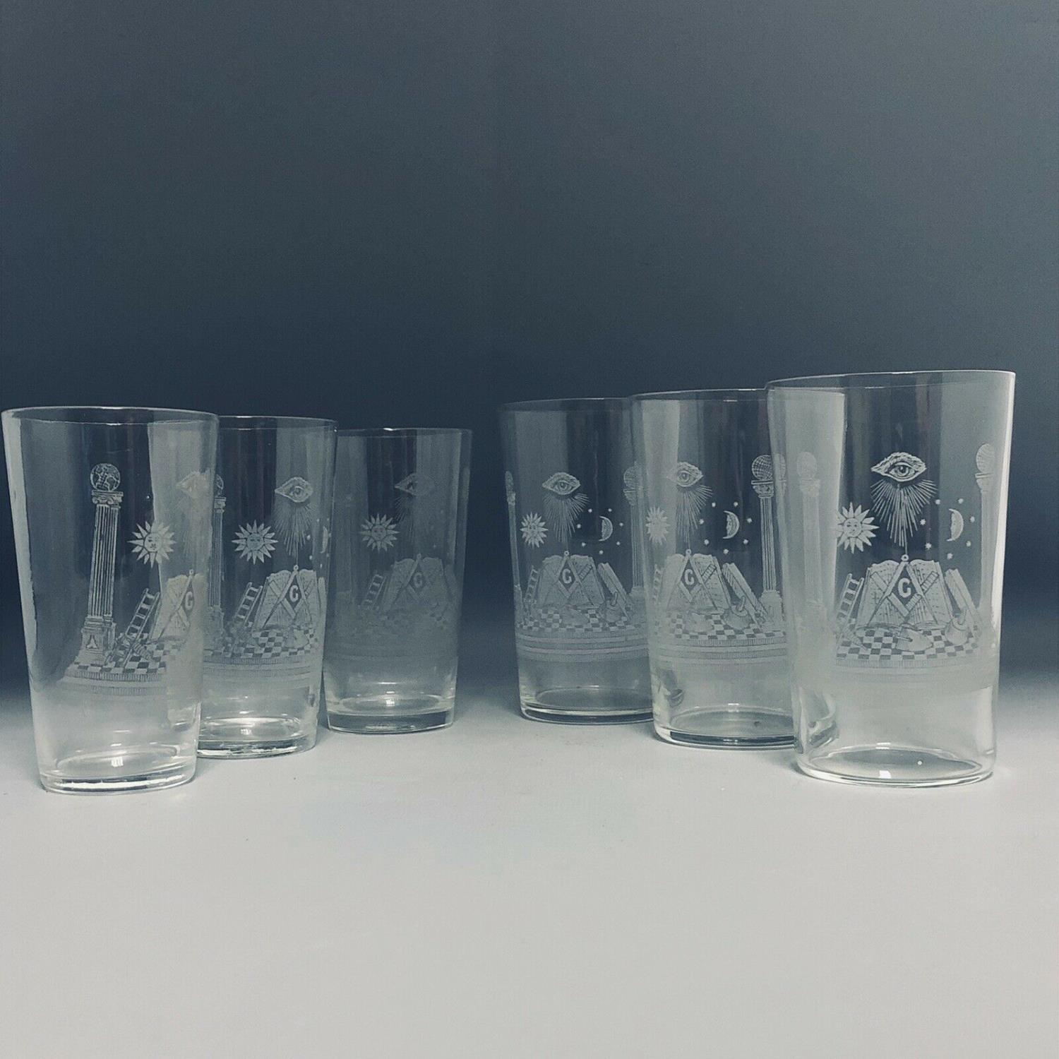 A set of 6 Masons Emblem Engraved Glass Tumblers Glasses - Masonic Interest