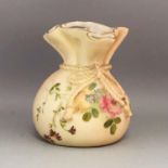 c1904, A Royal Worcester Porcelain Drawstring Pouch Vase with Hand Painted Flowers