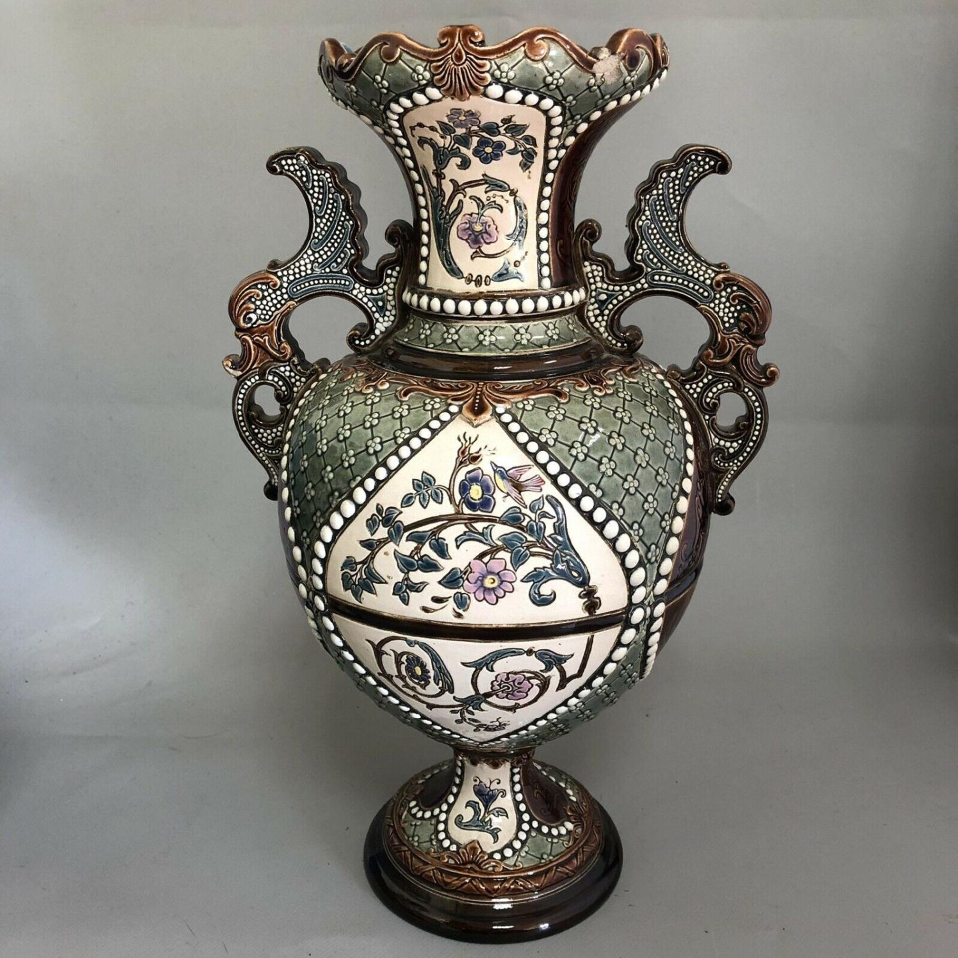 Pair of Antique Austrian Gerbing & Stephan Majolica Pottery Vases c.1880 - Image 2 of 7