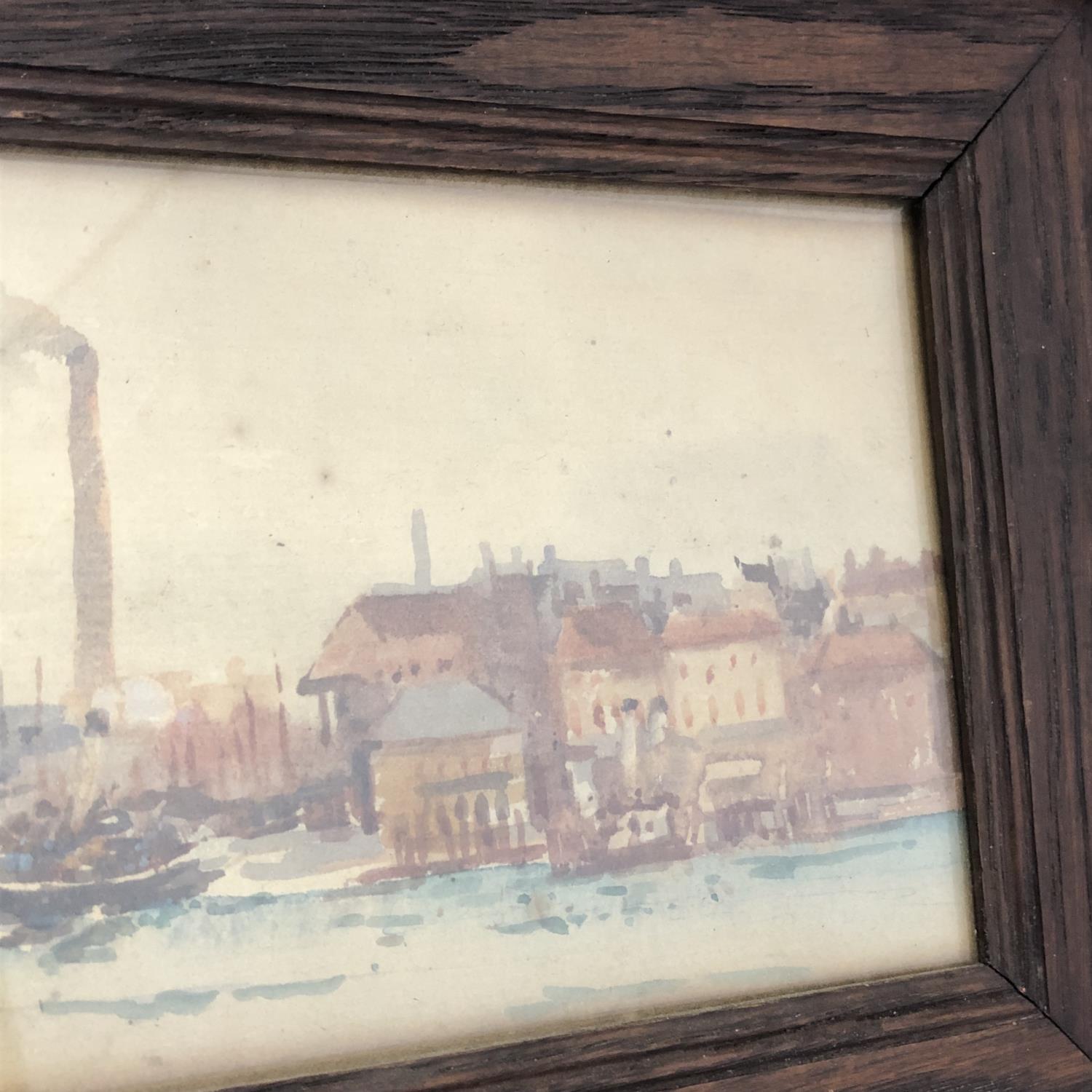 A small oak framed watercolour of a harbour town. Labelled verso - Painted by Lady Egerton - Image 3 of 5