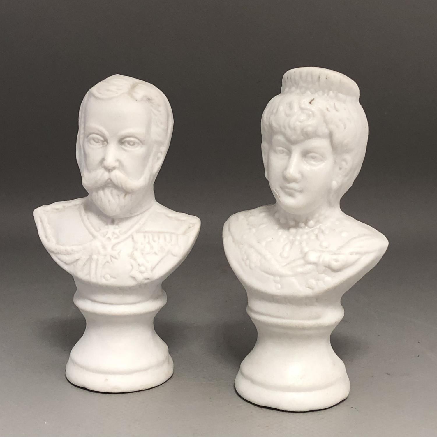 A Pair of Antique King George V & Queen Mary Parian Portrait Busts on Circular Socles