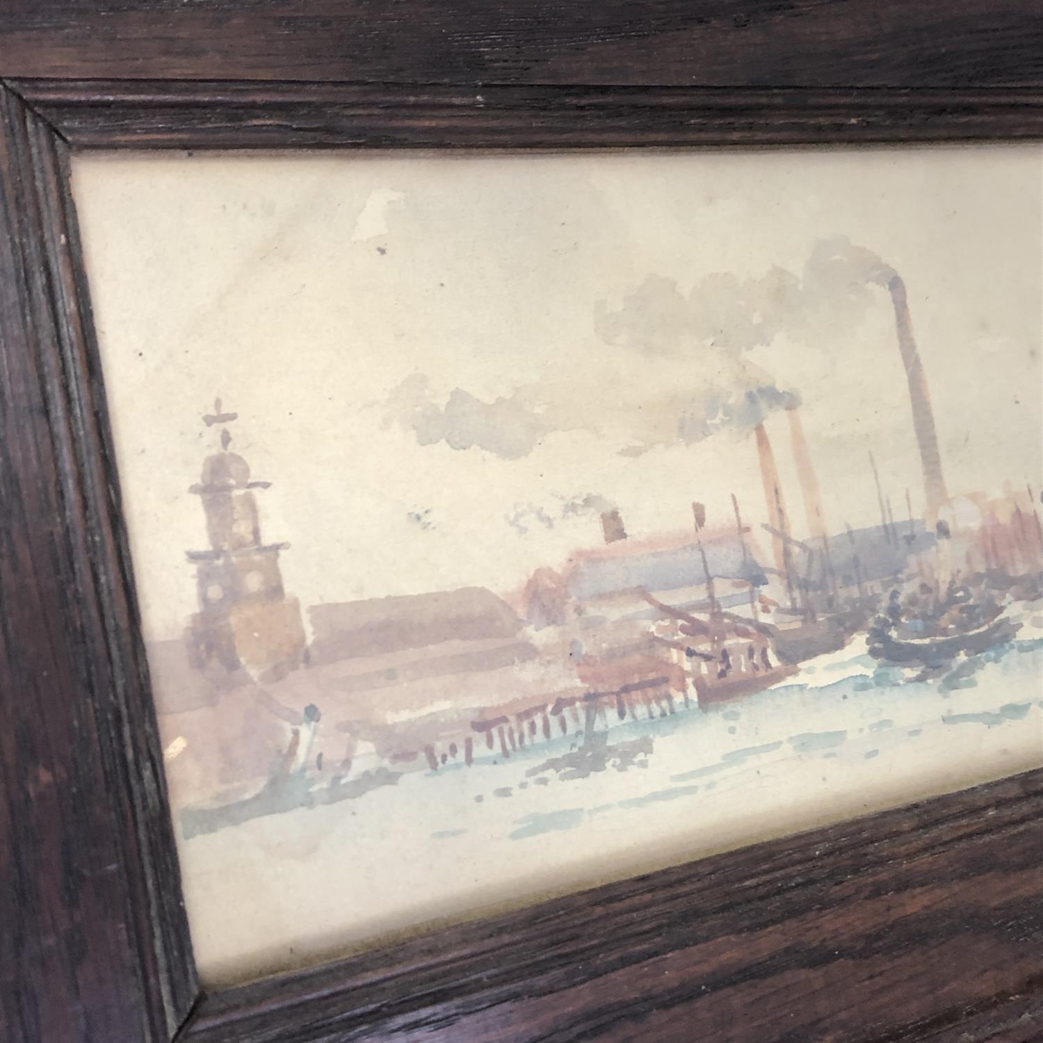 A small oak framed watercolour of a harbour town. Labelled verso - Painted by Lady Egerton - Image 4 of 5