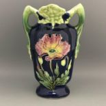 Twin handled relief decorated vase - poppy flower - Art Nouveau Jugendstil c1900