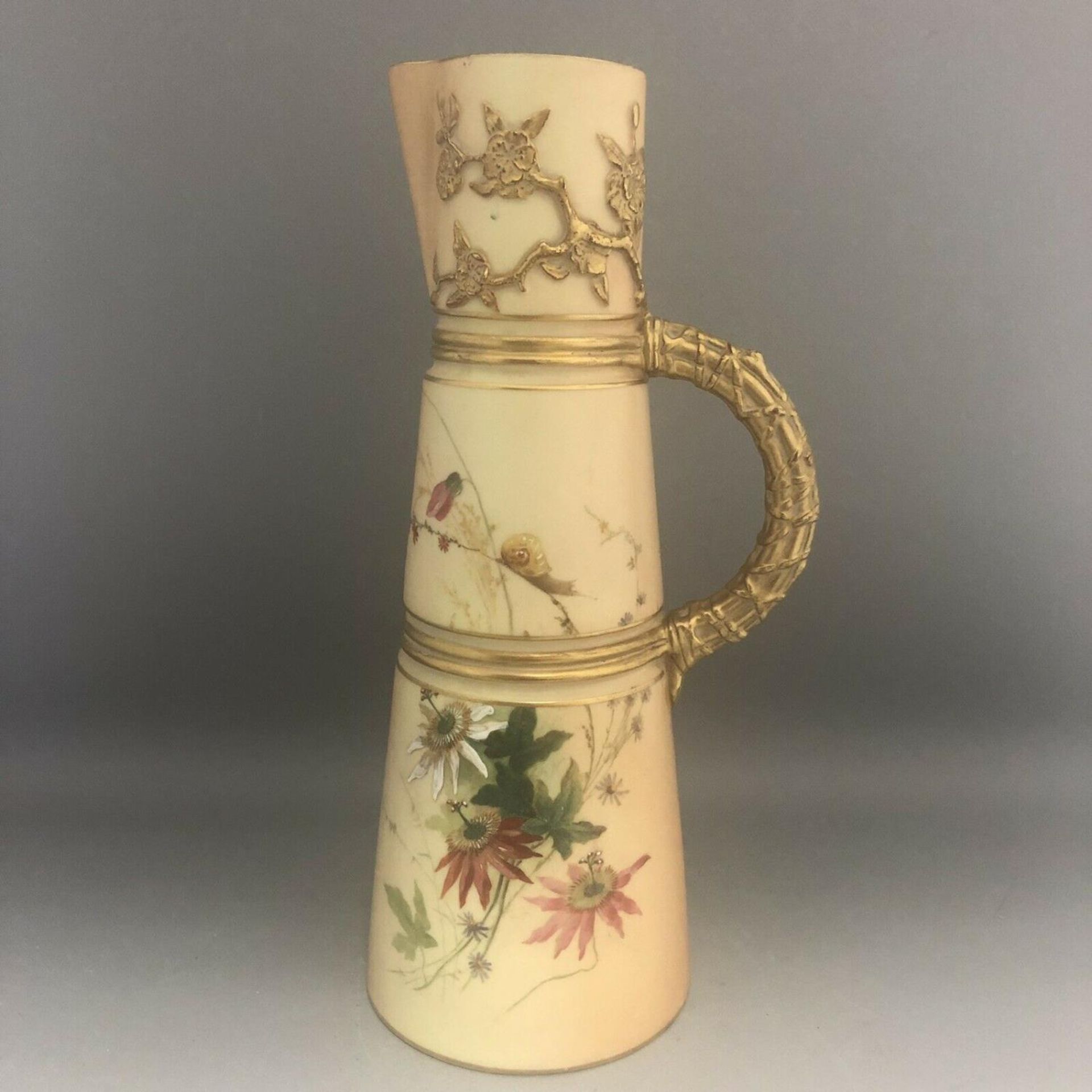 c1901, A Royal Worcester Tall Porcelain Ewer Hand Painted with Snail and Flowers