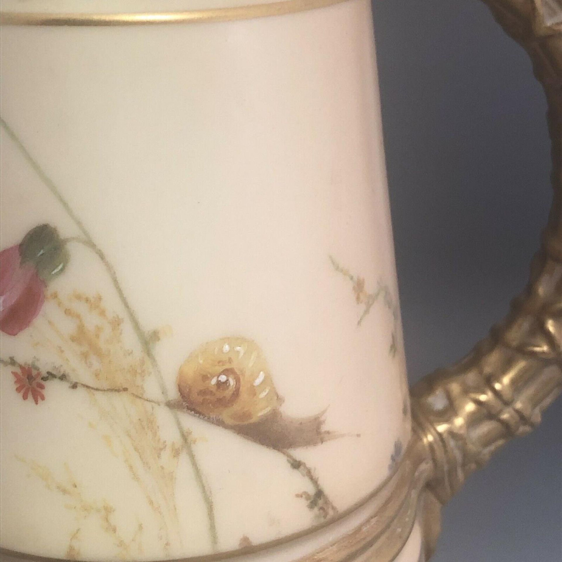 c1901, A Royal Worcester Tall Porcelain Ewer Hand Painted with Snail and Flowers - Image 2 of 8