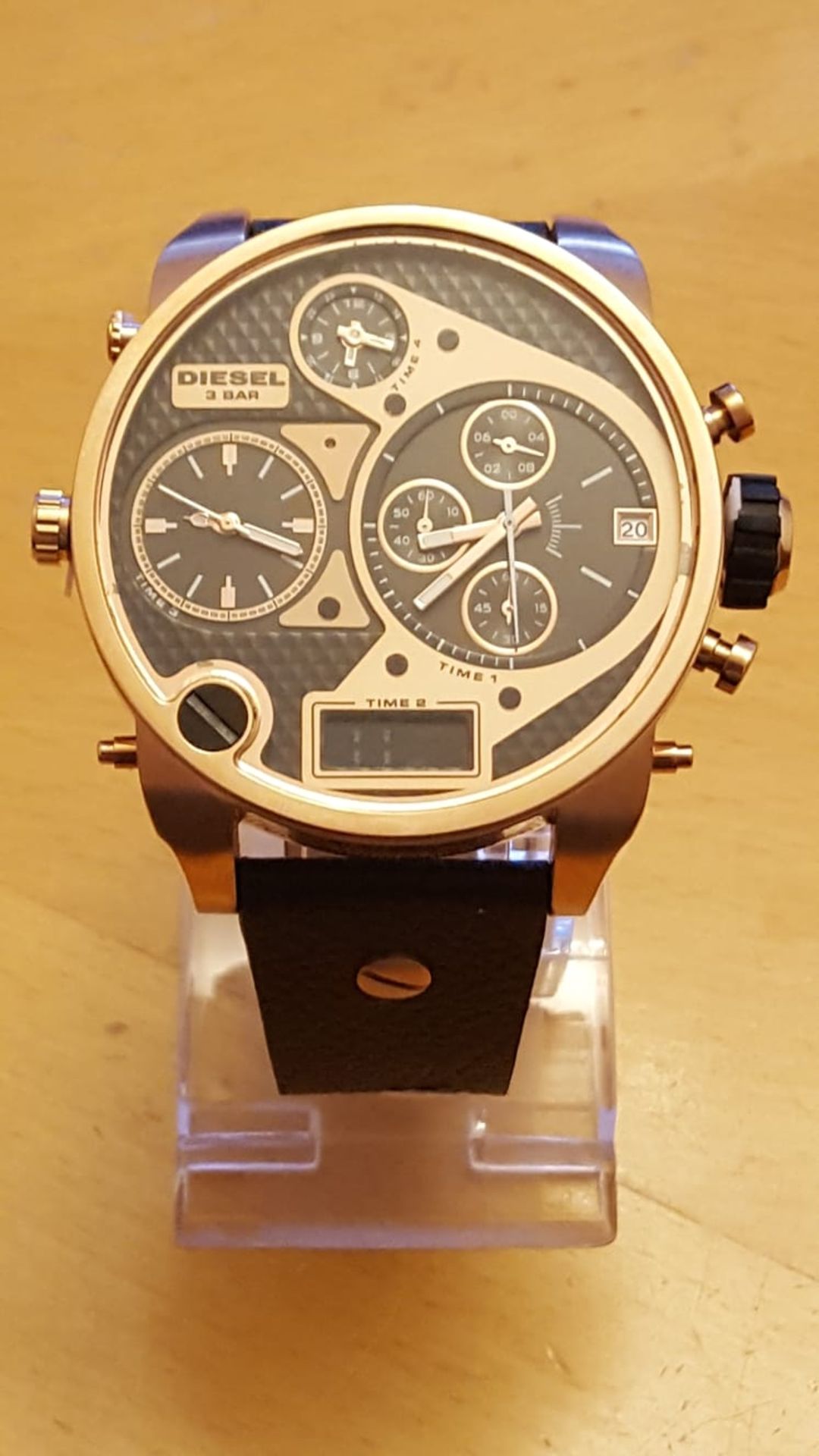 Brand New Mens Diesel Big Daddy Chronograph Watch, Dz7261, Four Time Zones, Black Leather Strap,