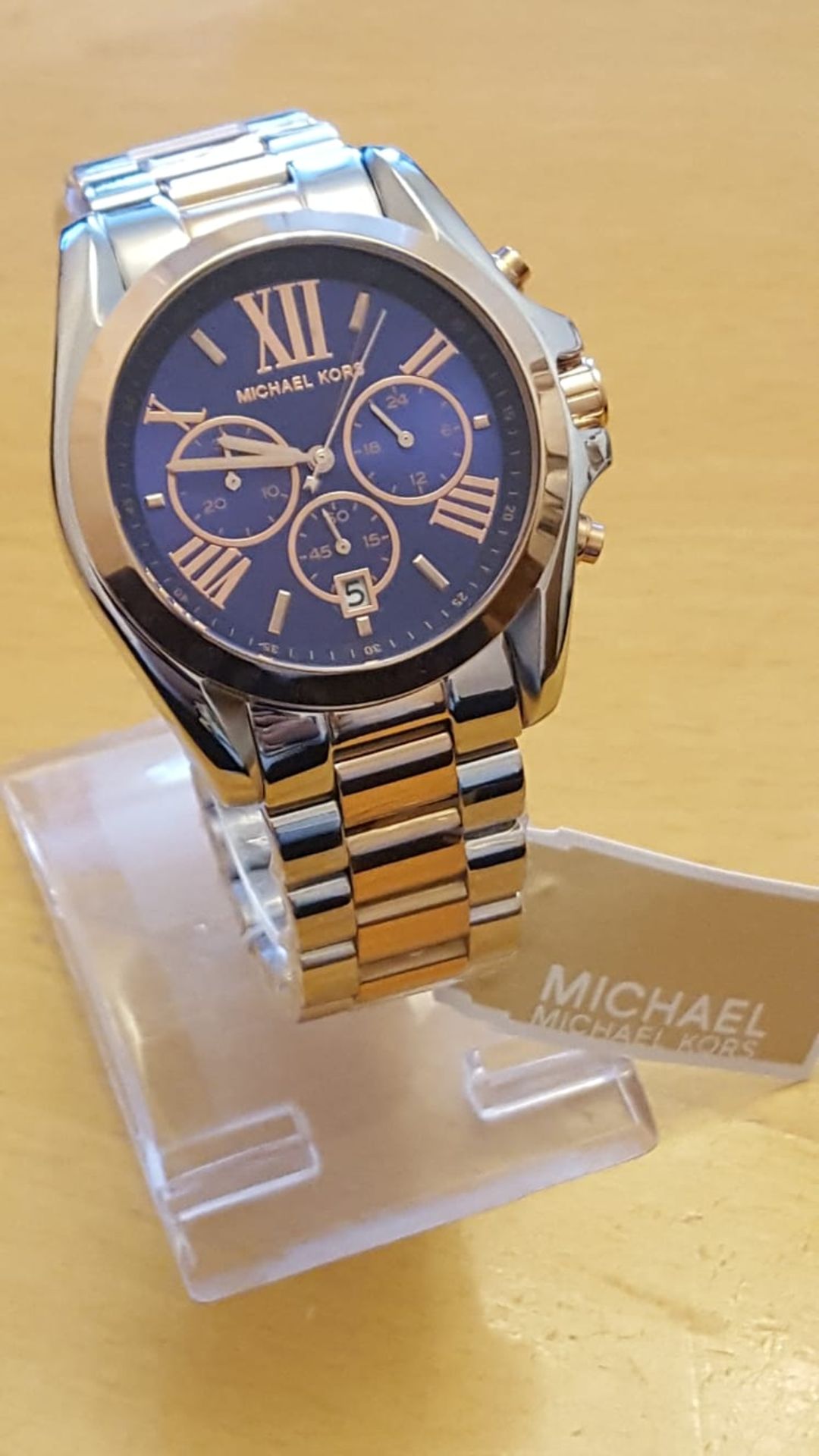 Brand New Michael Kors Ladies Mid Sized Bradshaw Chronograph Watch, Mk5606, Blue Dial And Silver/