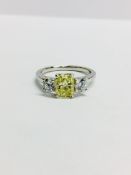 1.03ct Natural yellow Radiant cut diamond,i1 clarity,two 0.25ct round brilliant cut diamonds h