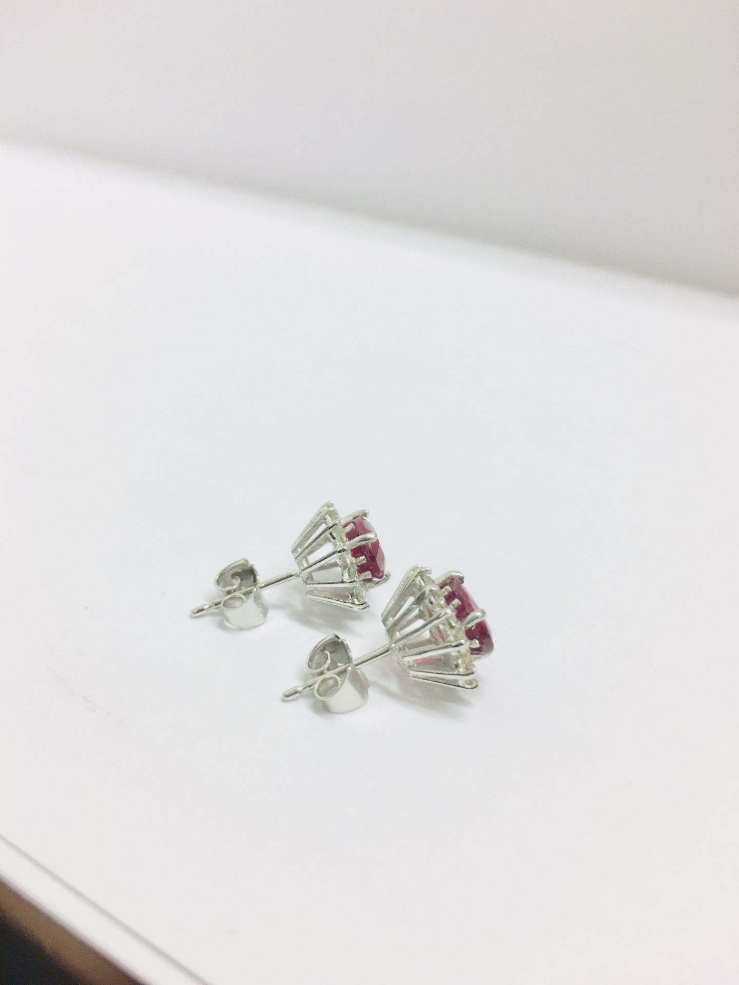 1.60ct ruby and Diamond cluster style stud earrings. Each ruby ( glass filled ) measures 7mm x 5mm - Image 2 of 5