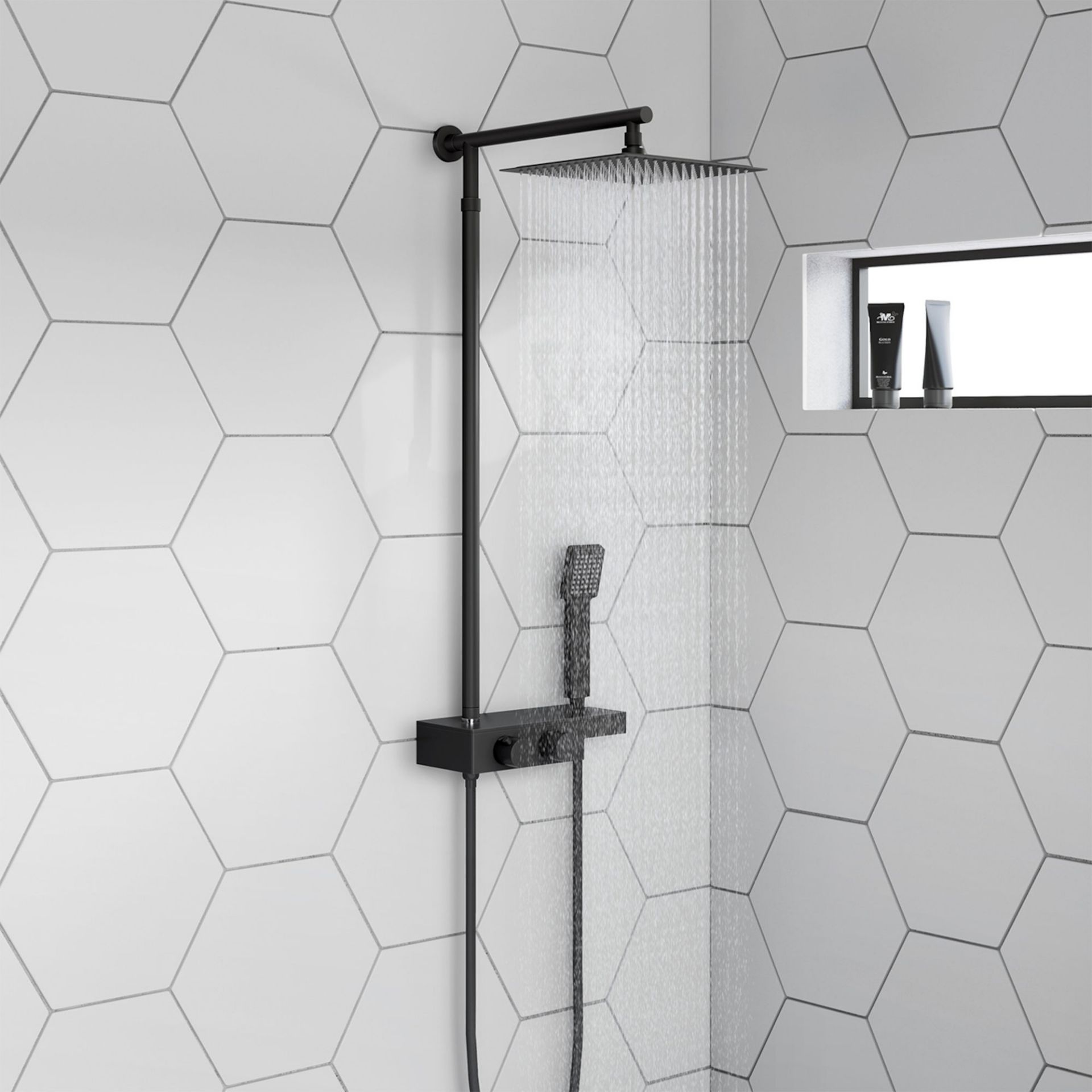 (MW36) Matte Black Square Thermostatic Mixer Shower Kit & Shelf. RRP £474.99. Manufactured from long