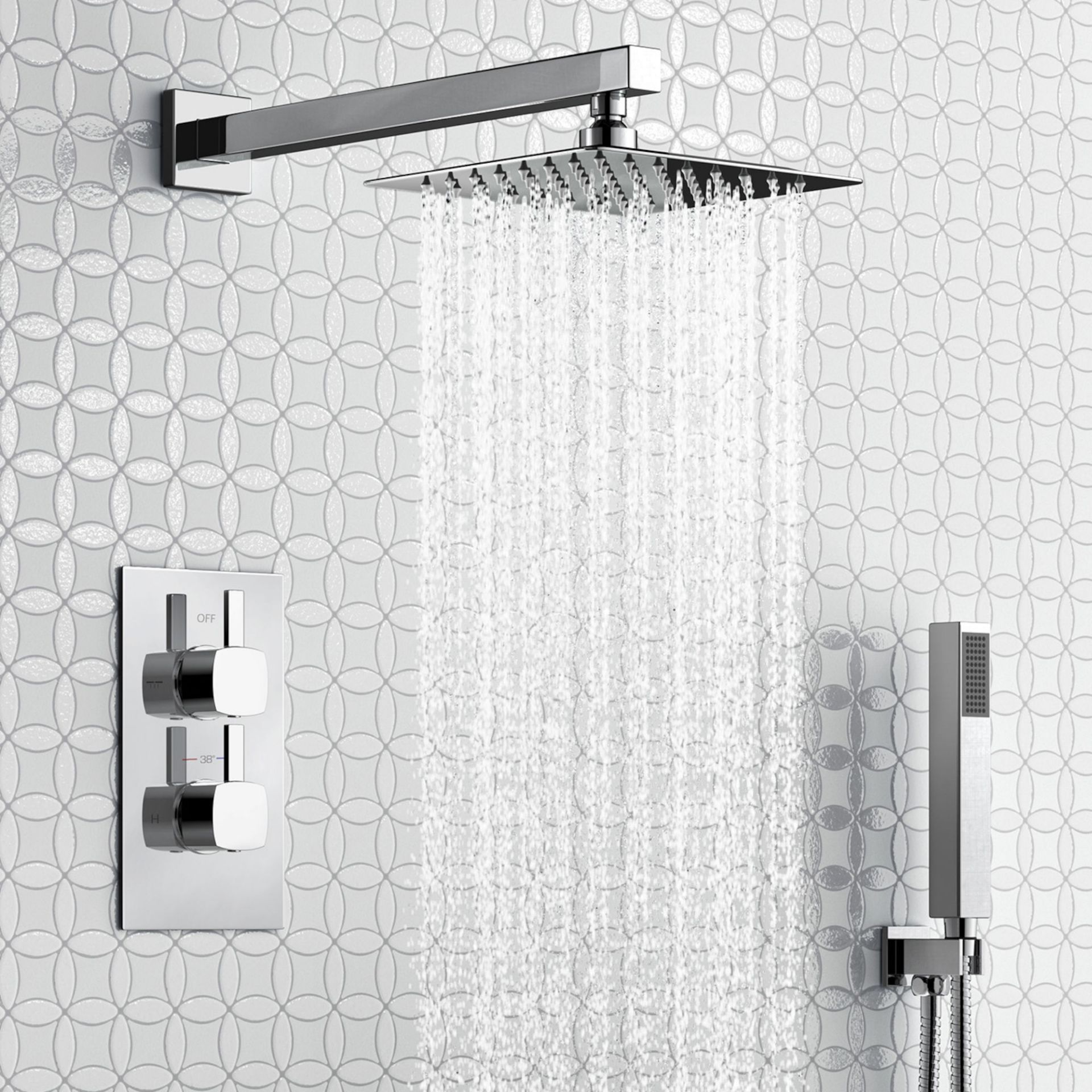 (KR61) Square Concealed Thermostatic Mixer Shower Kit & Medium Head. Family friendly detachable hand
