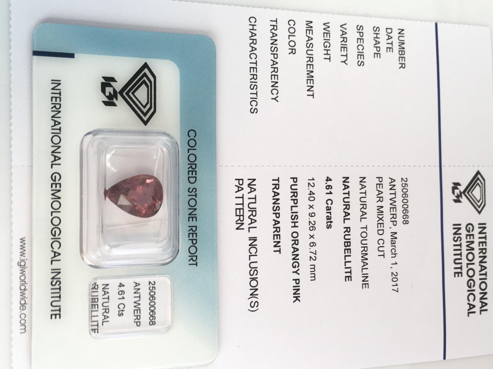 4.61ct Natural Rubellite with IGI Certificate - Image 2 of 4