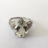 18k white gold over sterling silver, green amethyst and diamond ring
