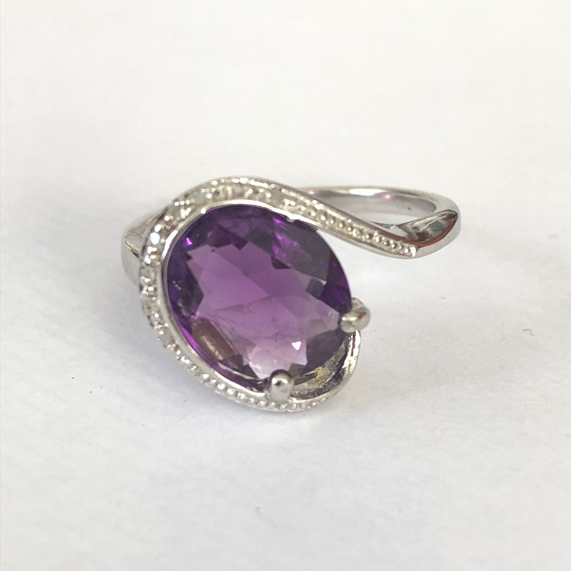 18k White gold over sterling silver, amethyst and diamond ring